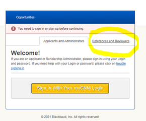 Screenshot of the Applicants and Administrators tab with a button titled "Sign In With Your myCNM Login"